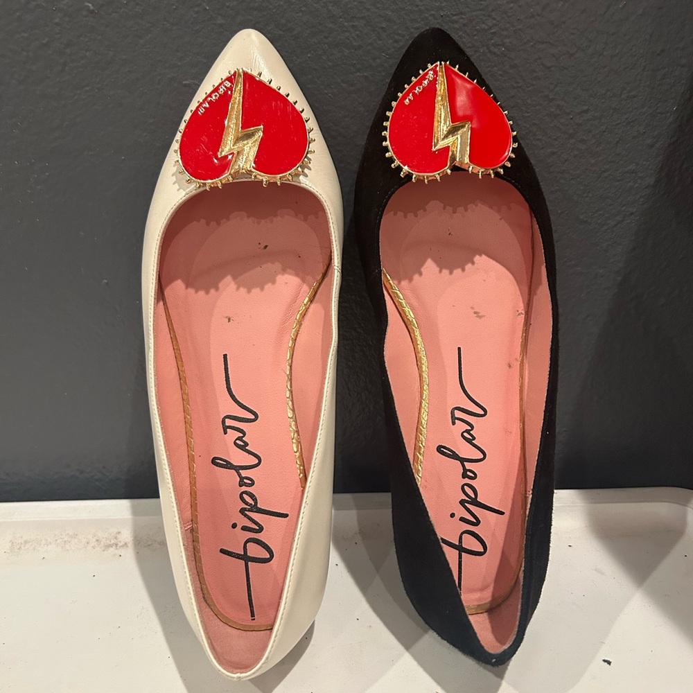 Bipolar Pointed-Toe Flats with Heart & Lightning Bolt Detail